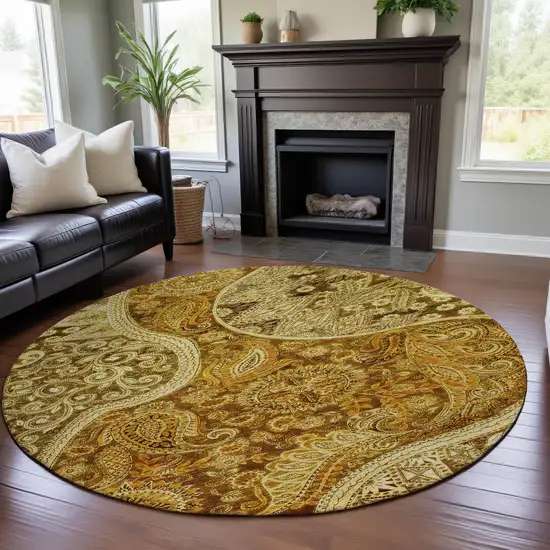 8' Terra Cotta And Beige Paisley Washable Round Rug With UV Protection Photo 4