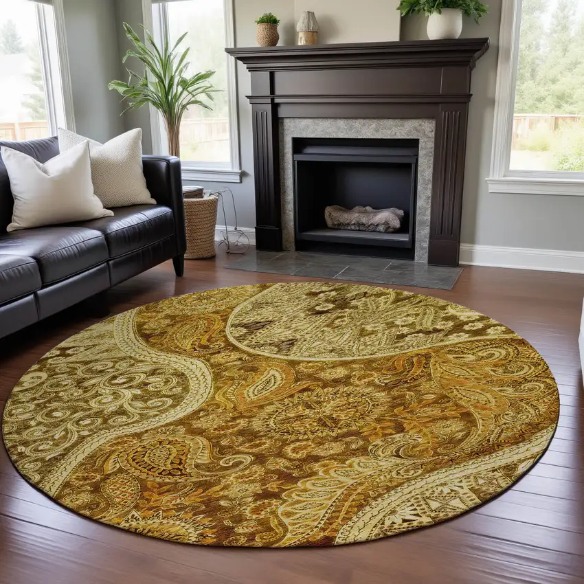 8' Terra Cotta And Beige Paisley Washable Round Rug With UV Protection Photo 4