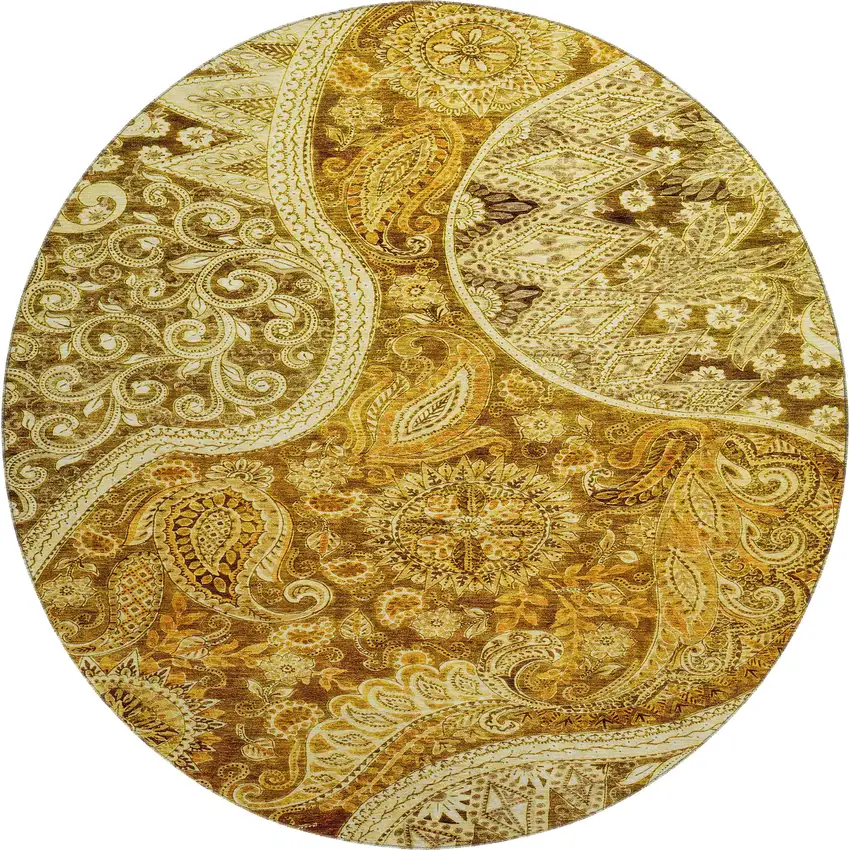 8' Terra Cotta And Beige Paisley Washable Round Rug With UV Protection Photo 1
