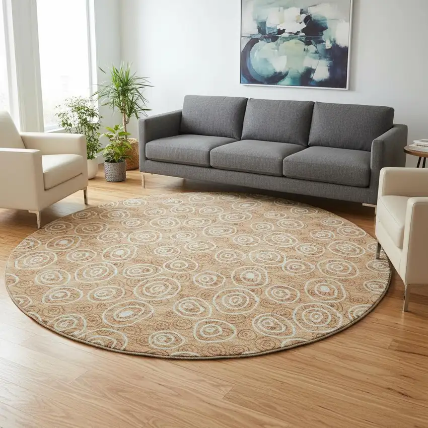 8' Terra Cotta And Beige Polka Dot Washable Round Rug With UV Protection Photo 2