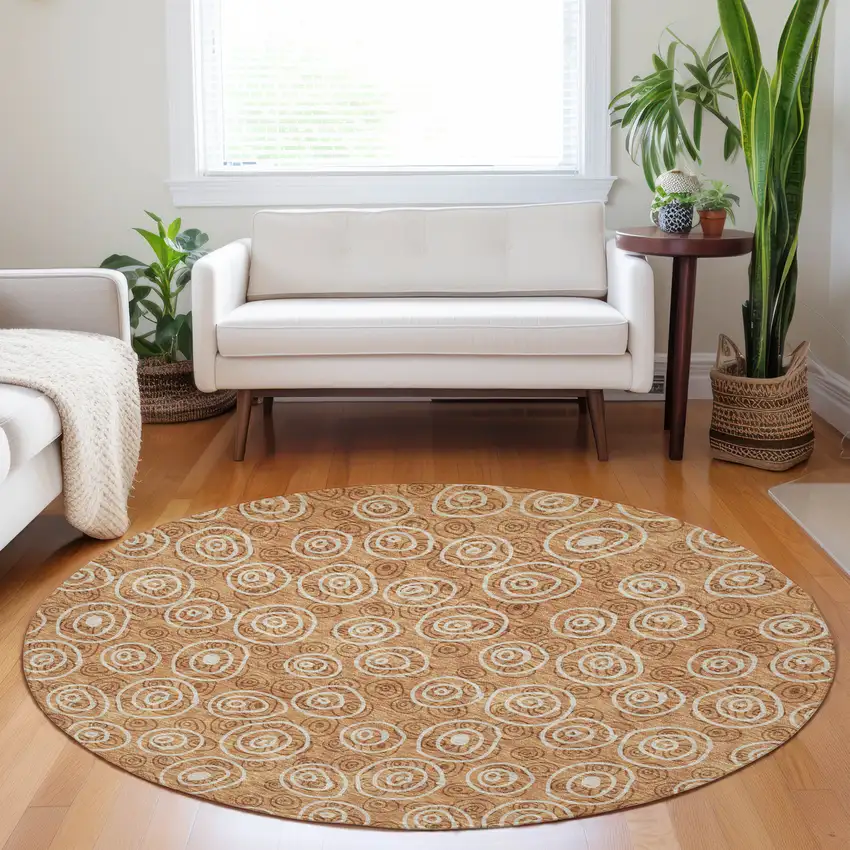 8' Terra Cotta And Beige Polka Dot Washable Round Rug With UV Protection Photo 5