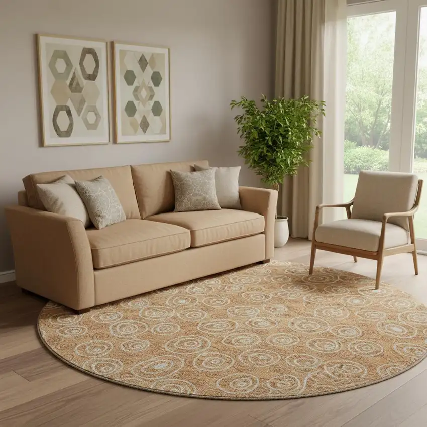 8' Terra Cotta And Beige Polka Dot Washable Round Rug With UV Protection Photo 1