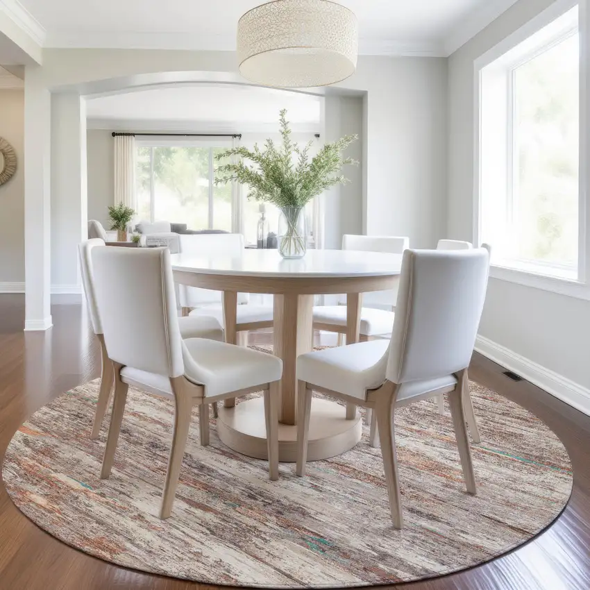 8' Terra Cotta And Beige Round Abstract Washable Indoor Outdoor Area Rug Photo 6