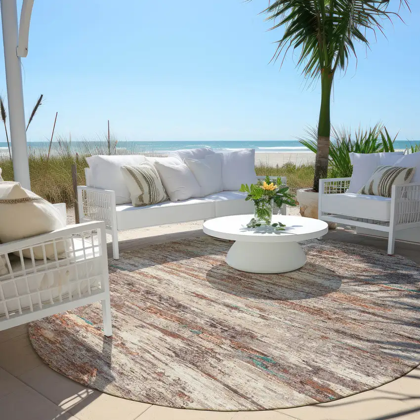 8' Terra Cotta And Beige Round Abstract Washable Indoor Outdoor Area Rug Photo 5