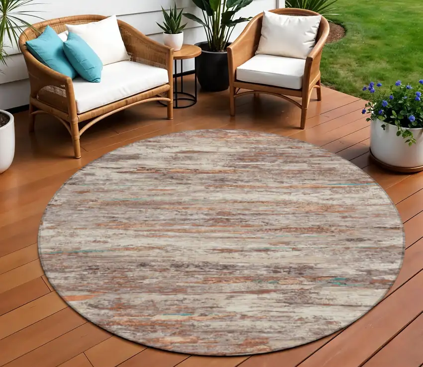 8' Terra Cotta And Beige Round Abstract Washable Indoor Outdoor Area Rug Photo 2