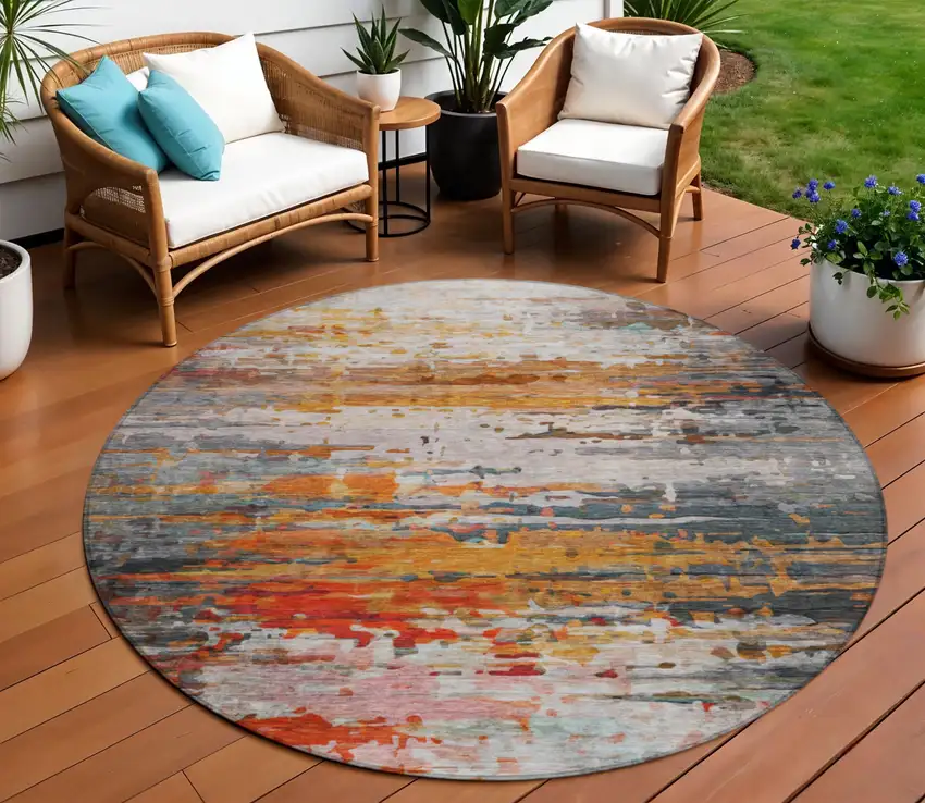 8' Terra Cotta And Beige Round Abstract Washable Indoor Outdoor Area Rug Photo 2