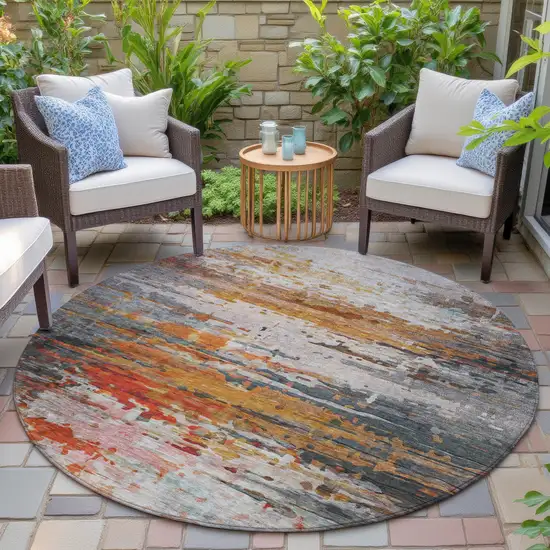 8' Terra Cotta And Beige Round Abstract Washable Indoor Outdoor Area Rug Photo 5