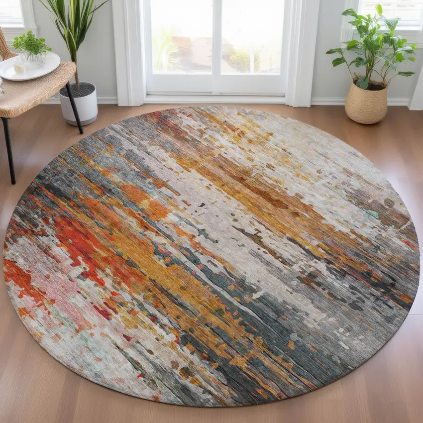 8' Terra Cotta And Beige Round Abstract Washable Indoor Outdoor Area Rug Photo 6