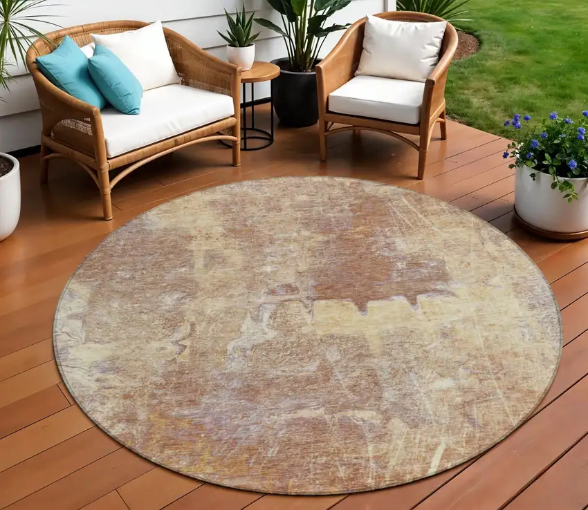 8' Terra Cotta And Beige Round Abstract Washable Indoor Outdoor Area Rug Photo 1