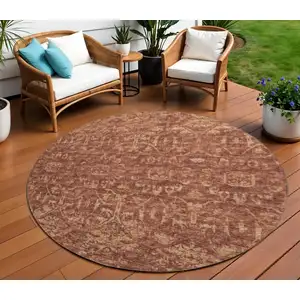 Photo of 8' Terra Cotta And Beige Round Damask Washable Indoor Outdoor Area Rug