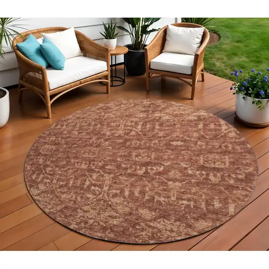 8' Terra Cotta And Beige Round Damask Washable Indoor Outdoor Area Rug Photo 1