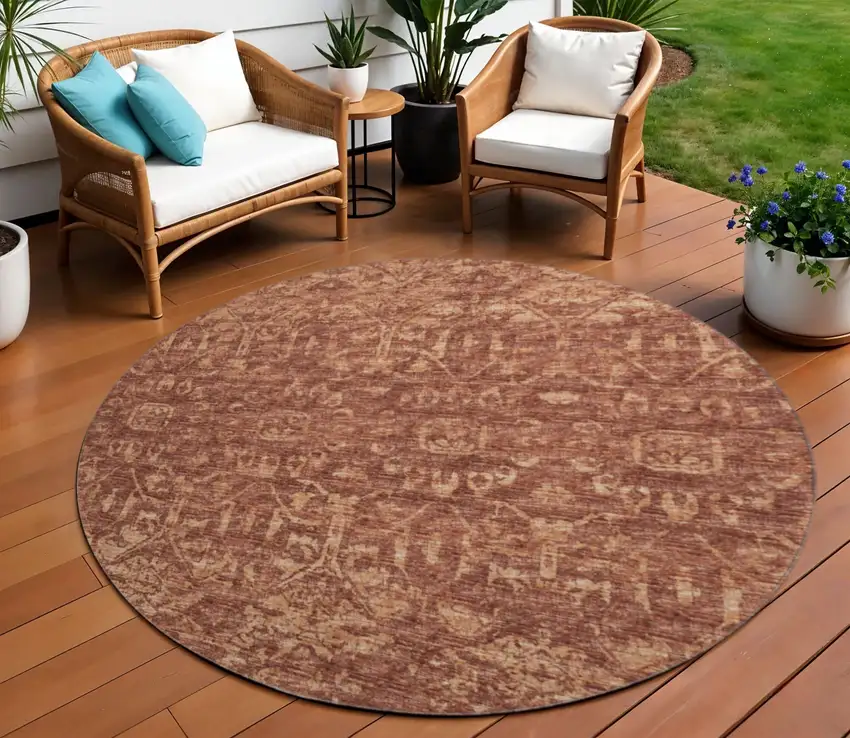 8' Terra Cotta And Beige Round Damask Washable Indoor Outdoor Area Rug Photo 1
