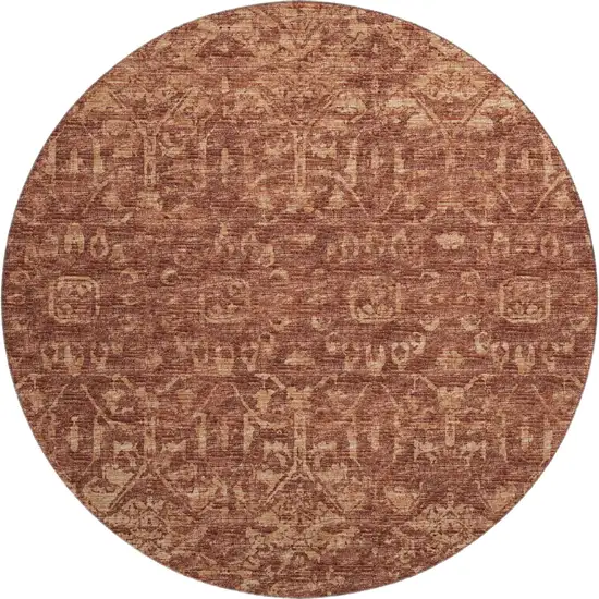 8' Terra Cotta And Beige Round Damask Washable Indoor Outdoor Area Rug Photo 2