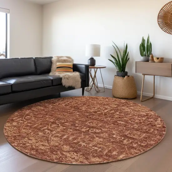 8' Terra Cotta And Beige Round Damask Washable Indoor Outdoor Area Rug Photo 6