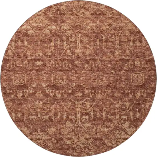 8' Terra Cotta And Beige Round Damask Washable Indoor Outdoor Area Rug Photo 4