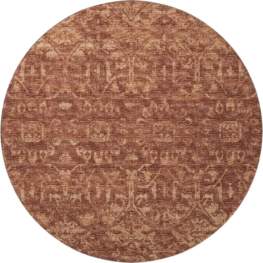 8' Terra Cotta And Beige Round Damask Washable Indoor Outdoor Area Rug Photo 4