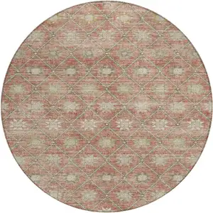 Photo of 8' Terra Cotta And Beige Round Floral Washable Indoor Outdoor Area Rug