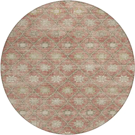 8' Terra Cotta And Beige Round Floral Washable Indoor Outdoor Area Rug Photo 1