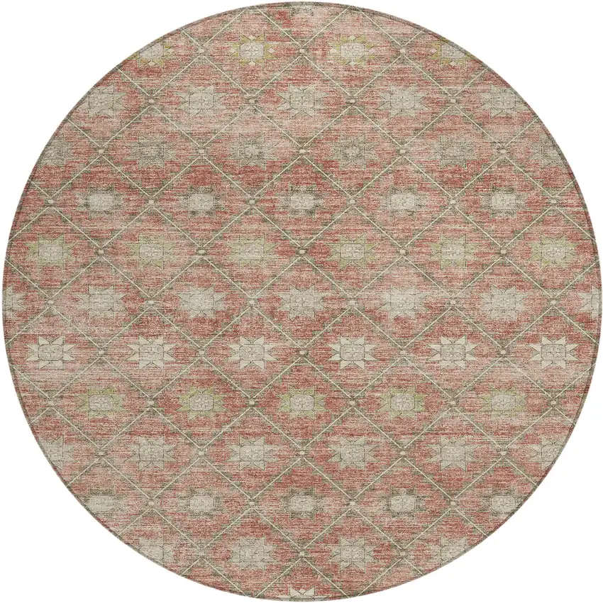 8' Terra Cotta And Beige Round Floral Washable Indoor Outdoor Area Rug Photo 1