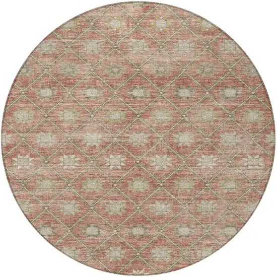 8' Terra Cotta And Beige Round Floral Washable Indoor Outdoor Area Rug Photo 3