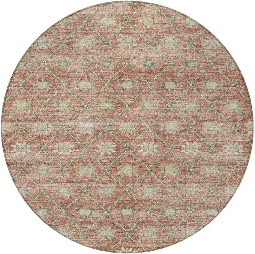 8' Terra Cotta And Beige Round Floral Washable Indoor Outdoor Area Rug Photo 3