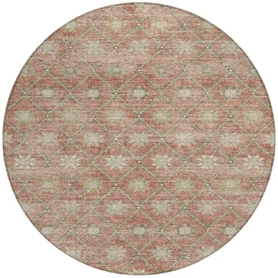 8' Terra Cotta And Beige Round Floral Washable Indoor Outdoor Area Rug Photo 4