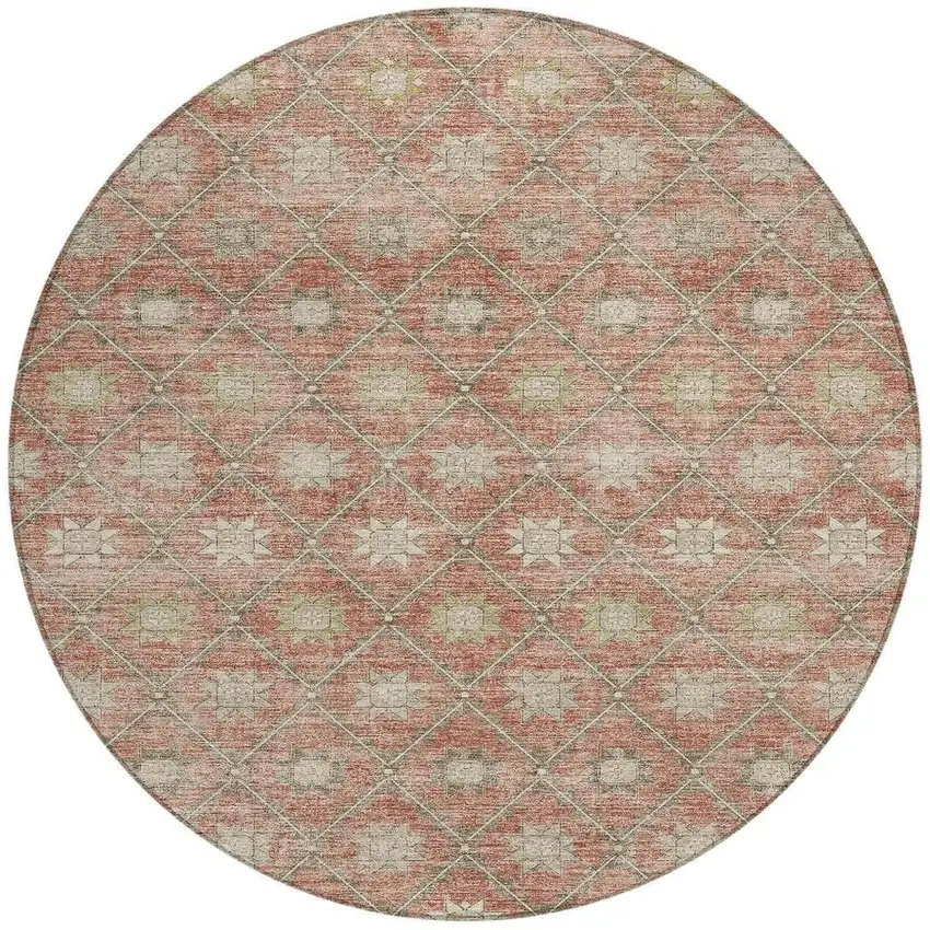 8' Terra Cotta And Beige Round Floral Washable Indoor Outdoor Area Rug Photo 4