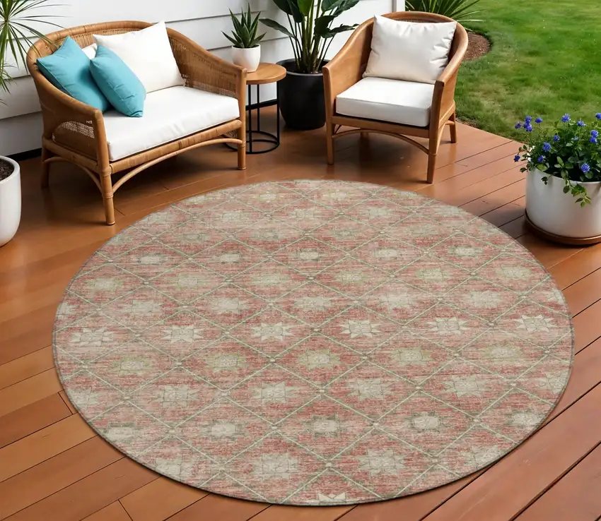 8' Terra Cotta And Beige Round Floral Washable Indoor Outdoor Area Rug Photo 2