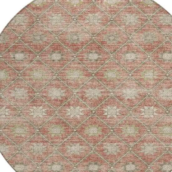 8' Terra Cotta And Beige Round Floral Washable Indoor Outdoor Area Rug Photo 9