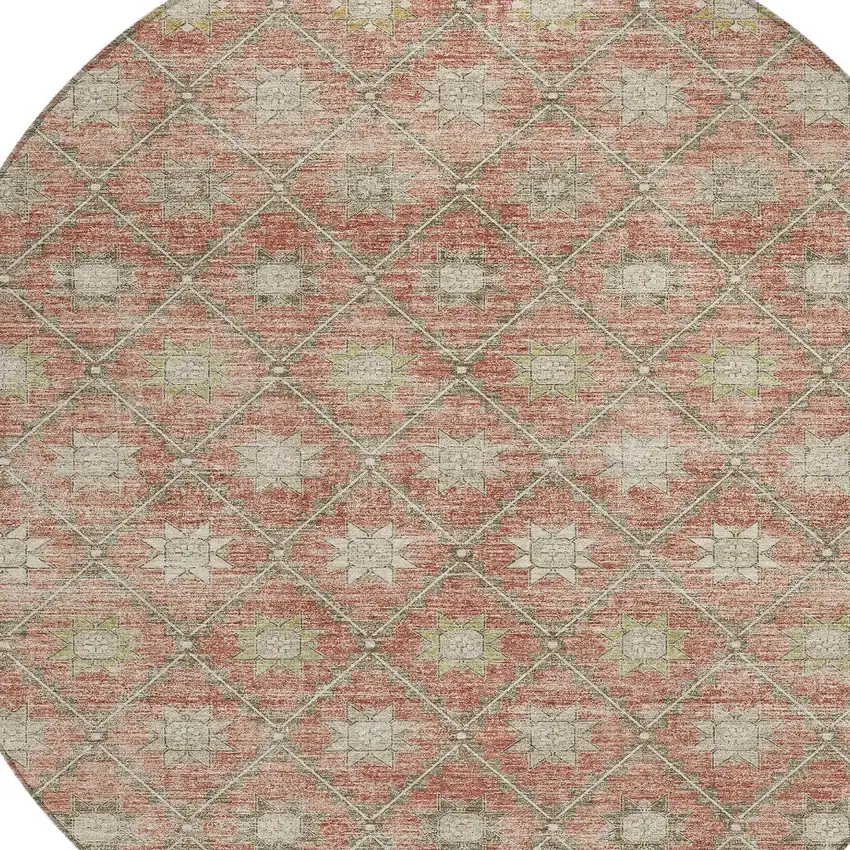 8' Terra Cotta And Beige Round Floral Washable Indoor Outdoor Area Rug Photo 9