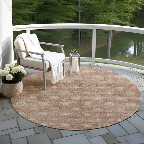 8' Terra Cotta And Beige Round Floral Washable Indoor Outdoor Area Rug Photo 6
