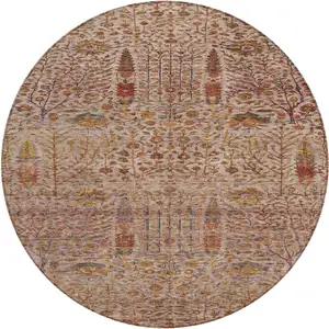 Photo of 8' Terra Cotta And Beige Round Floral Washable Indoor Outdoor Area Rug