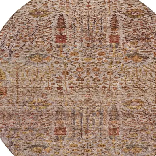 8' Terra Cotta And Beige Round Floral Washable Indoor Outdoor Area Rug Photo 9