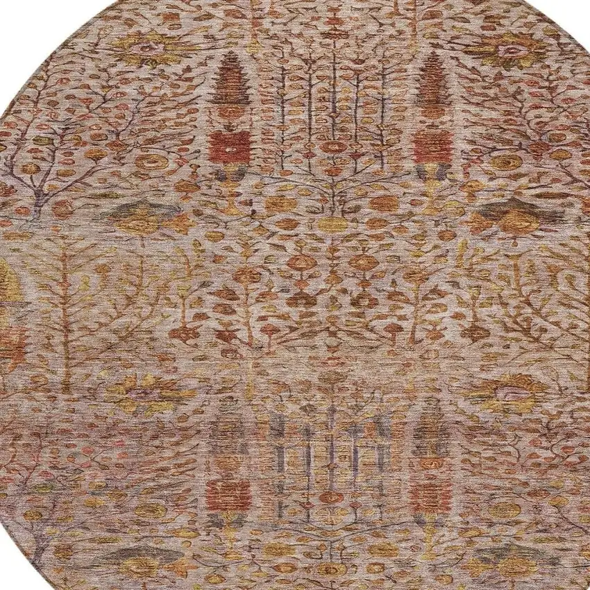 8' Terra Cotta And Beige Round Floral Washable Indoor Outdoor Area Rug Photo 9