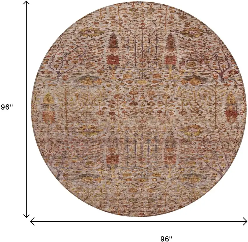 8' Terra Cotta And Beige Round Floral Washable Indoor Outdoor Area Rug Photo 9