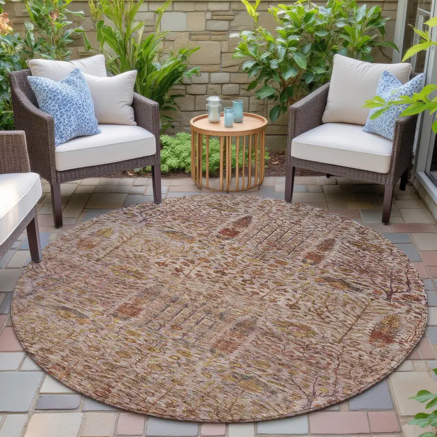8' Terra Cotta And Beige Round Floral Washable Indoor Outdoor Area Rug Photo 6