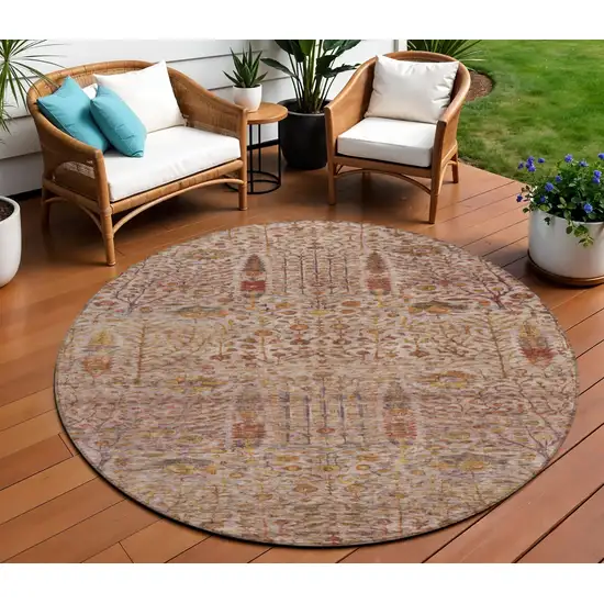 8' Terra Cotta And Beige Round Floral Washable Indoor Outdoor Area Rug Photo 2