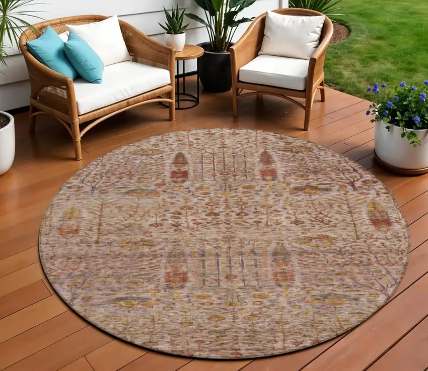 8' Terra Cotta And Beige Round Floral Washable Indoor Outdoor Area Rug Photo 2