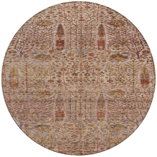 8' Terra Cotta And Beige Round Floral Washable Indoor Outdoor Area Rug Photo 4