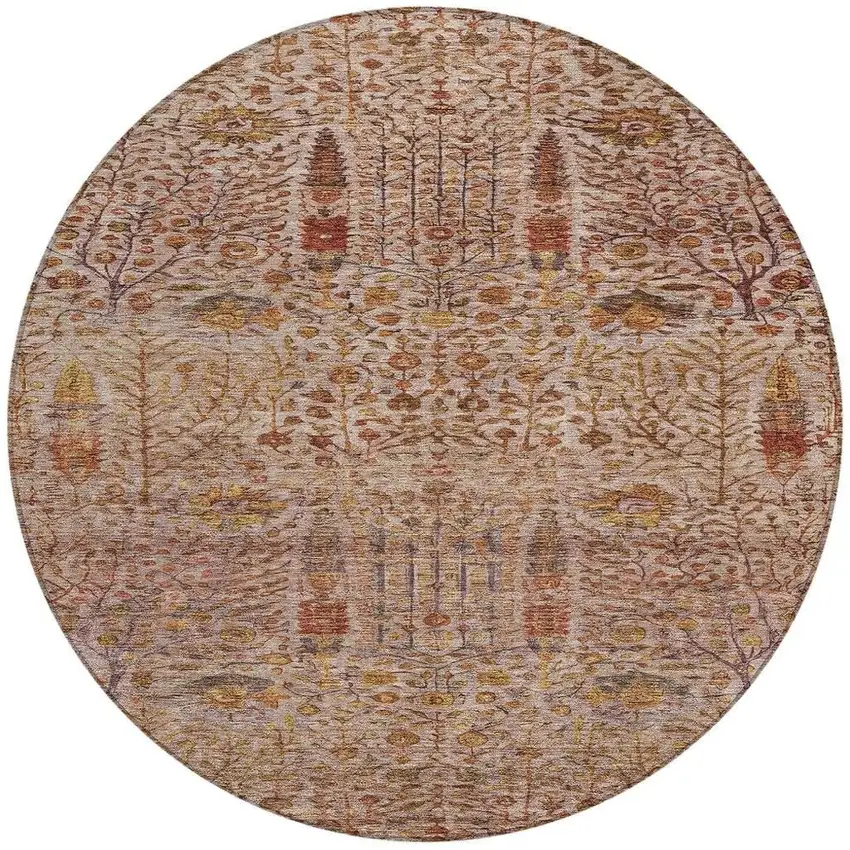 8' Terra Cotta And Beige Round Floral Washable Indoor Outdoor Area Rug Photo 4