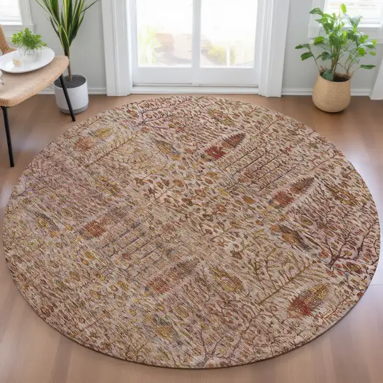 8' Terra Cotta And Beige Round Floral Washable Indoor Outdoor Area Rug Photo 7