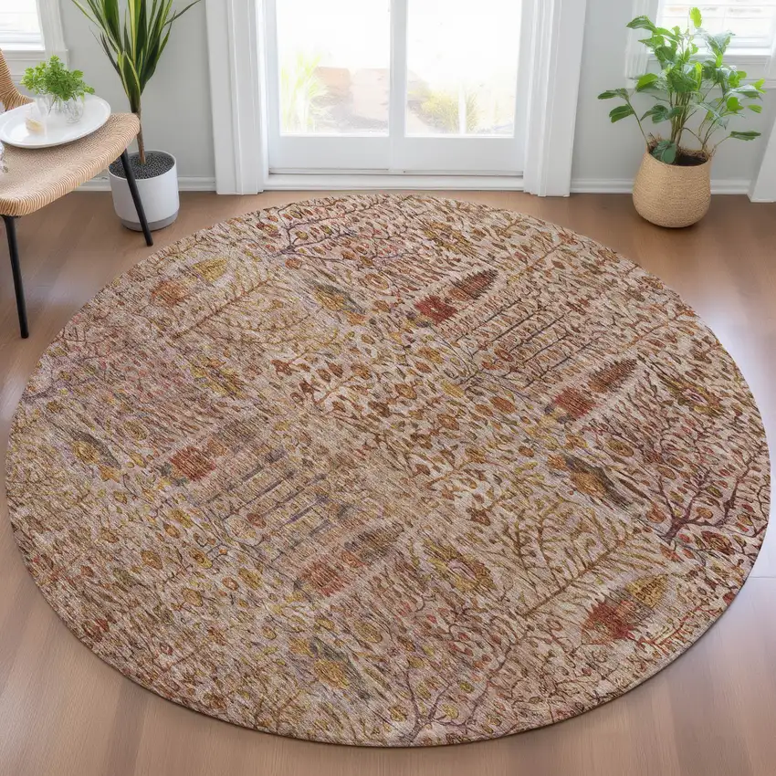 8' Terra Cotta And Beige Round Floral Washable Indoor Outdoor Area Rug Photo 7