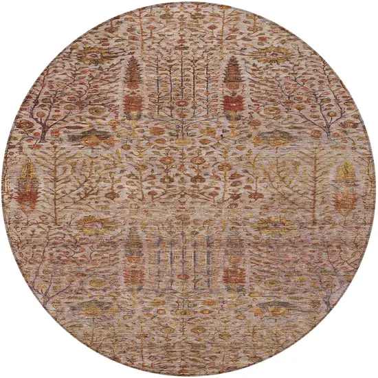 8' Terra Cotta And Beige Round Floral Washable Indoor Outdoor Area Rug Photo 3
