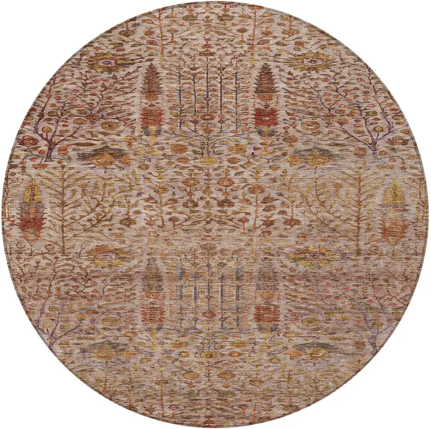 8' Terra Cotta And Beige Round Floral Washable Indoor Outdoor Area Rug Photo 3