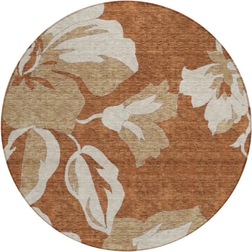 8' Terra Cotta And Beige Round Floral Washable Indoor Outdoor Area Rug Photo 2