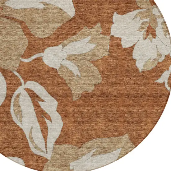 8' Terra Cotta And Beige Round Floral Washable Indoor Outdoor Area Rug Photo 6