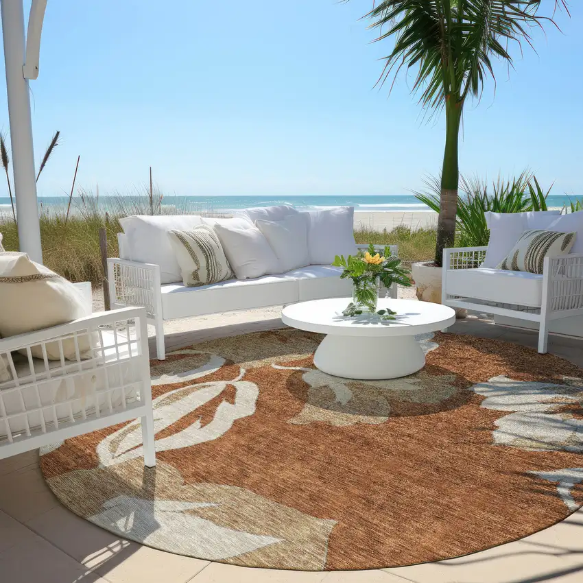 8' Terra Cotta And Beige Round Floral Washable Indoor Outdoor Area Rug Photo 8