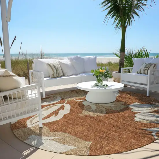 8' Terra Cotta And Beige Round Floral Washable Indoor Outdoor Area Rug Photo 8