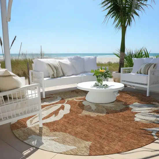 8' Terra Cotta And Beige Round Floral Washable Indoor Outdoor Area Rug Photo 8
