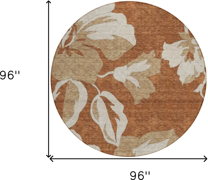 8' Terra Cotta And Beige Round Floral Washable Indoor Outdoor Area Rug Photo 3